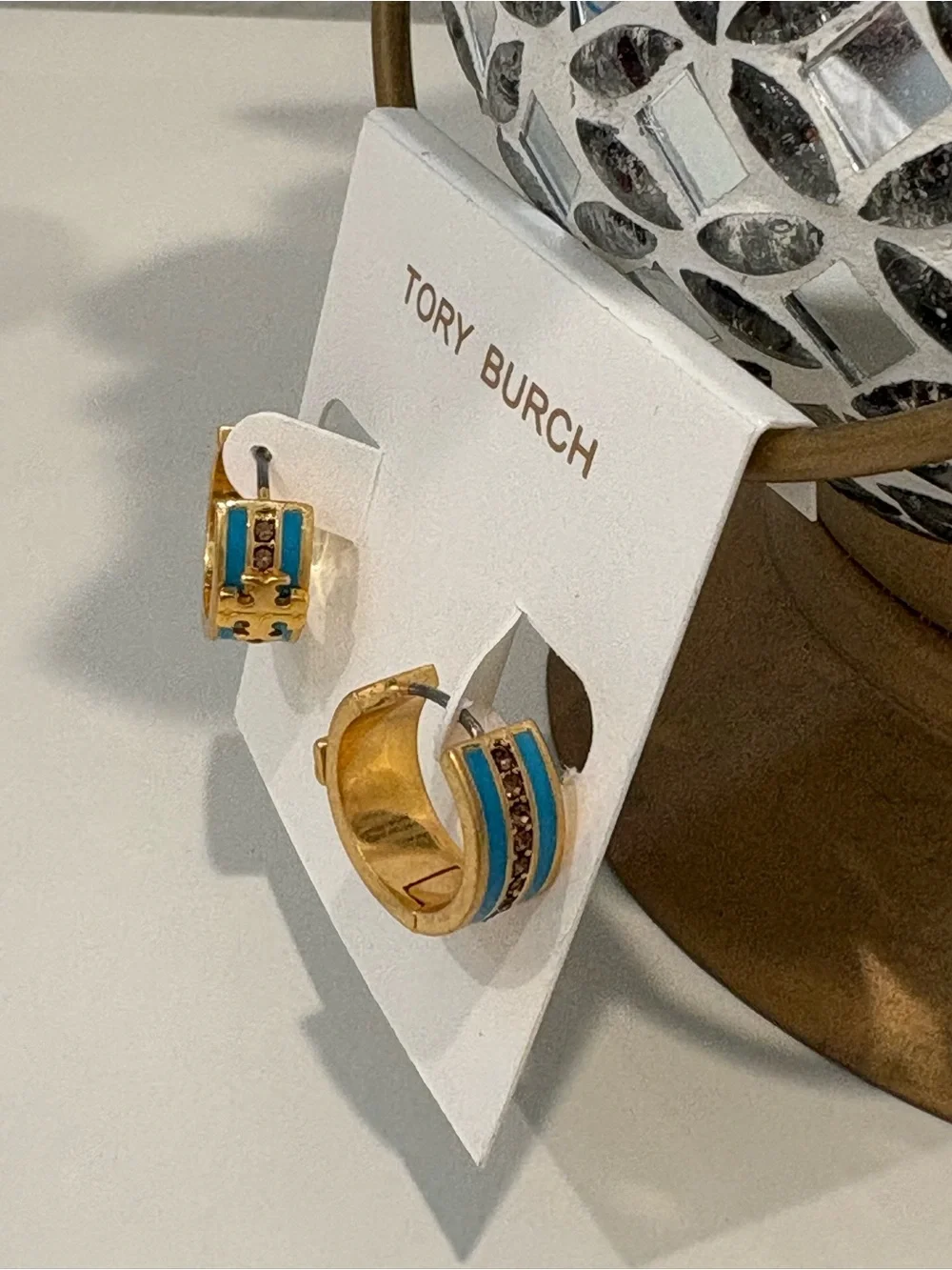 Tory Burch Kira Blue Enamel Huggie Hoop Earrings